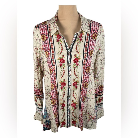 Anthropologie Cyrena Mixed Floral Print High Lo Button Down Linen Blend Top L - Picture 1 of 11
